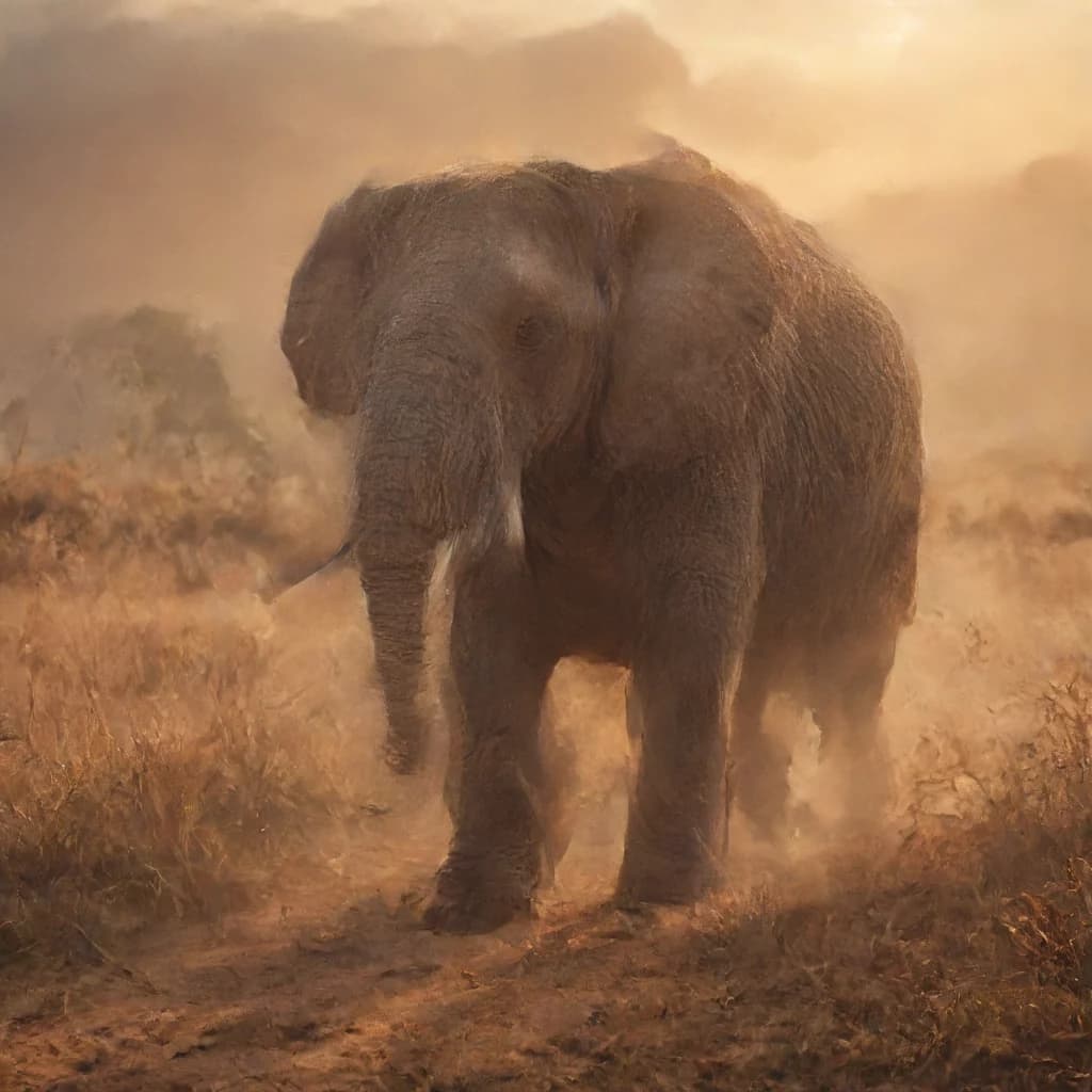 an elephant walking through golden dust on the savanna at sunset