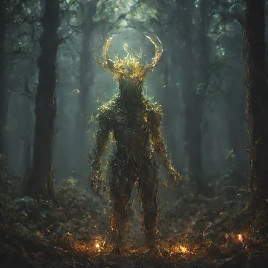 a glowing forest spirit made of leaves in a dark wood