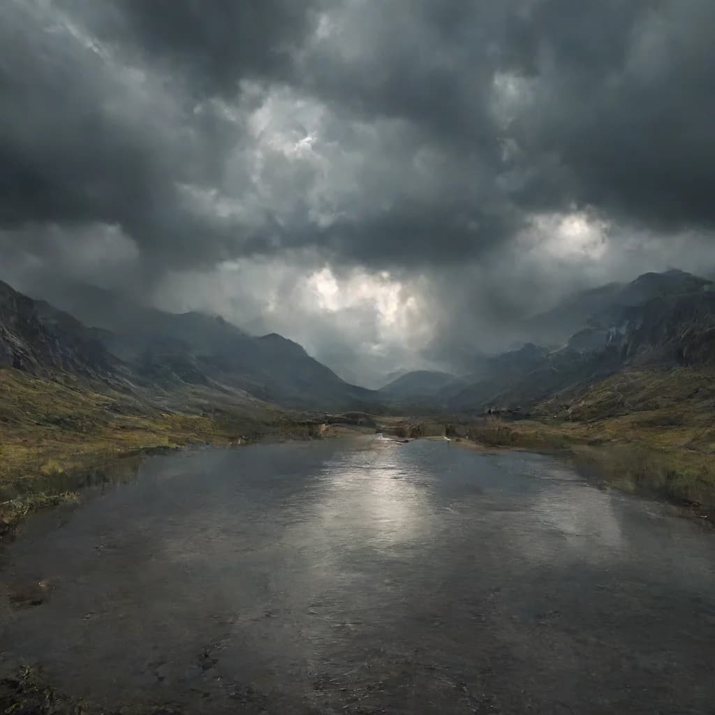 a scottish loch surrounded by highlands, dramatic clouds