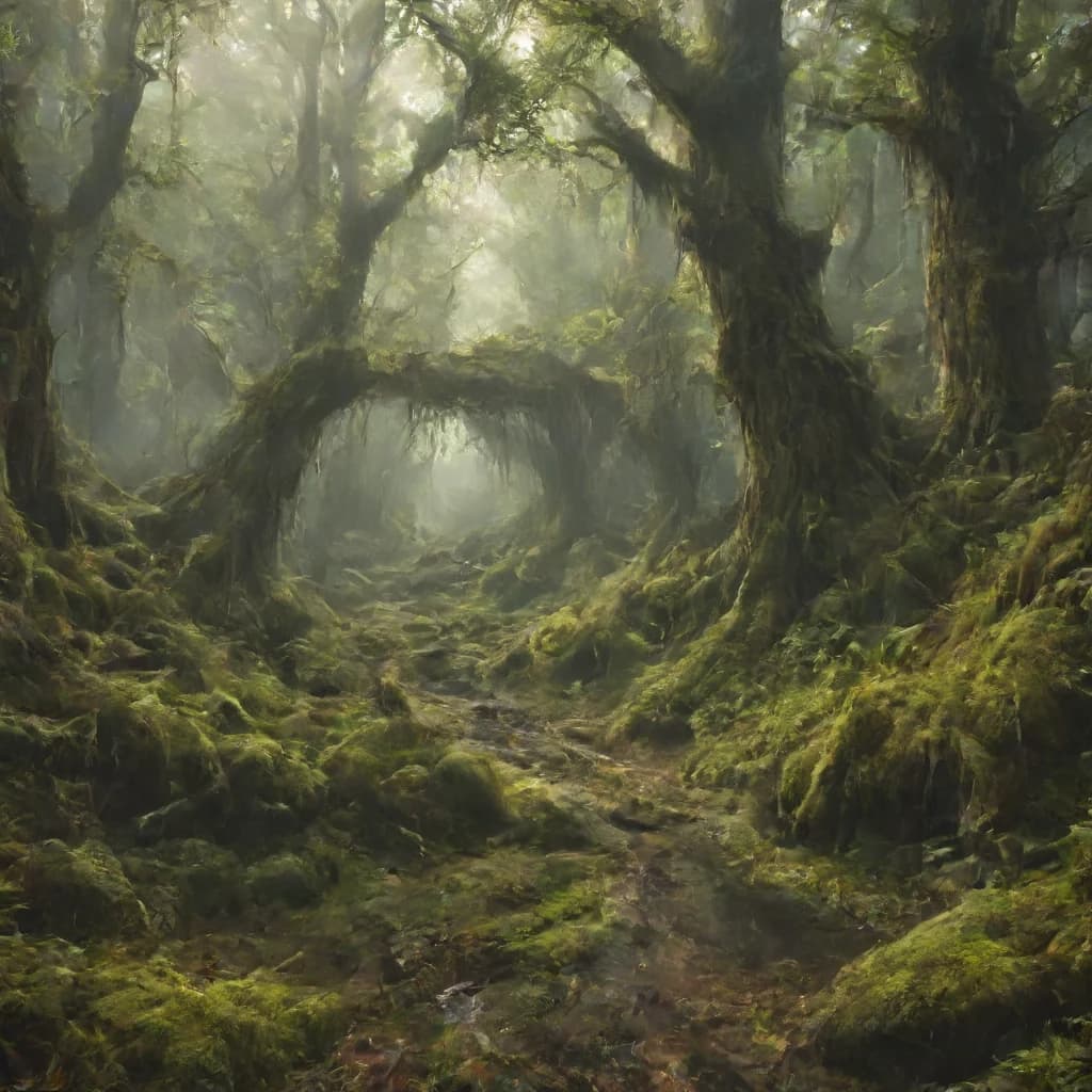 an ancient forest covered in green moss, fairy tale atmosphere