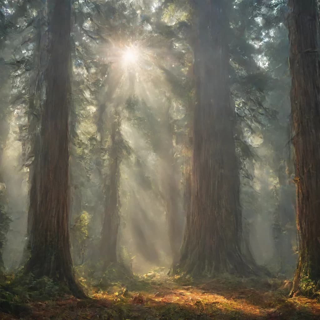 sunbeams through giant redwood trees in a foggy forest