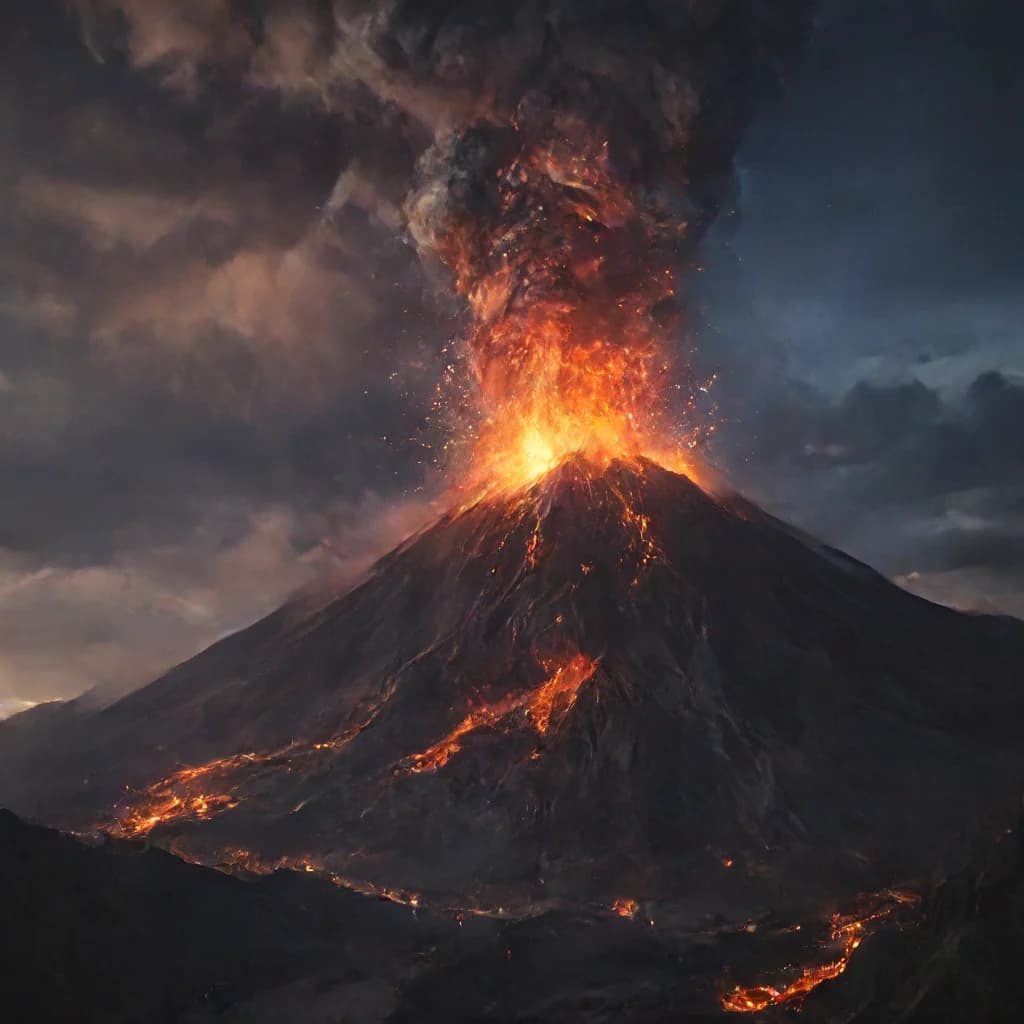 an erupting volcano at night, glowing lava, dramatic sky